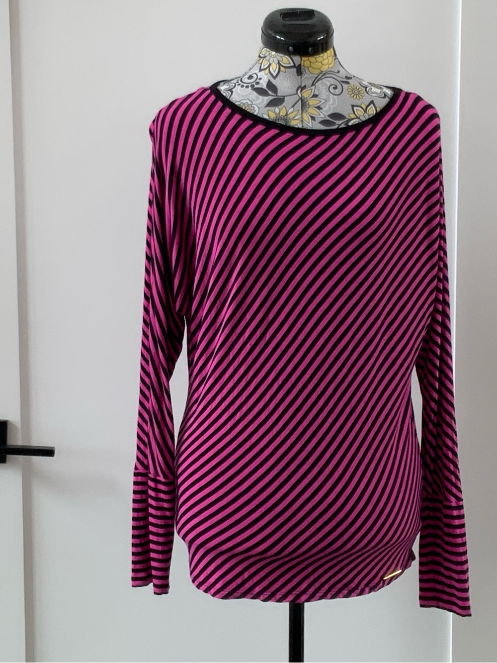 MICHAEL Michael Kors Pink and Black Diagonal Stripe Long Sleeve Tee